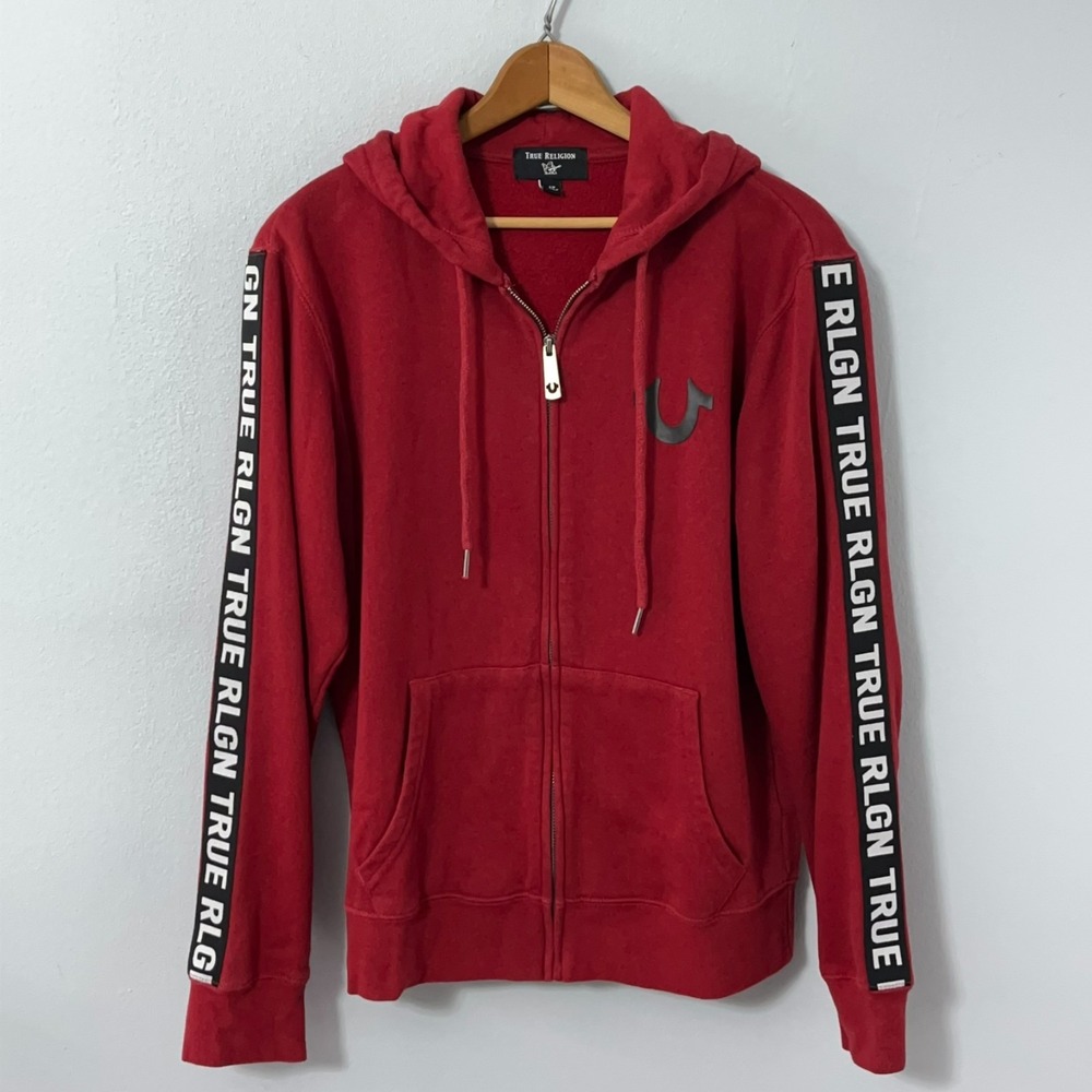 True Religion Hoodie Men Small Brick Red Side Taping‎ Full Zip Spell Out Logo